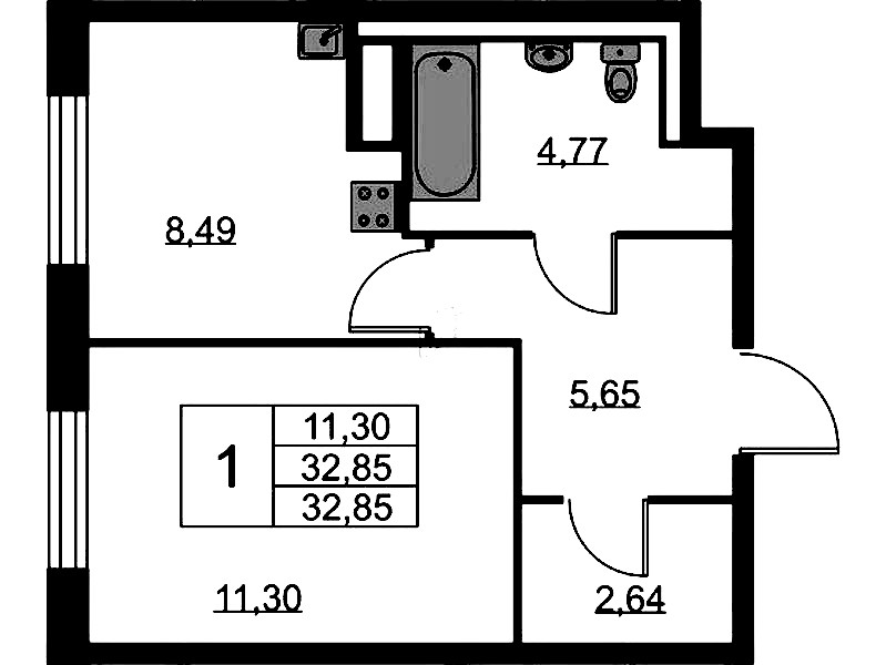 1-комнатная квартира 32.85 м², 6/9 эт., ЖК «Квартал Лаголово»